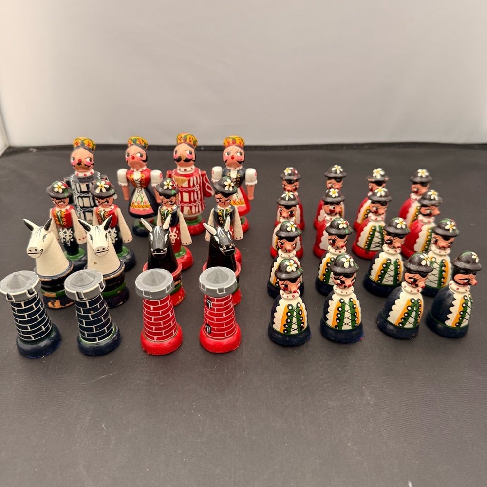 Antique Hand Painted Folk Art Wooden Chess Set Eastern European 32 Pieces